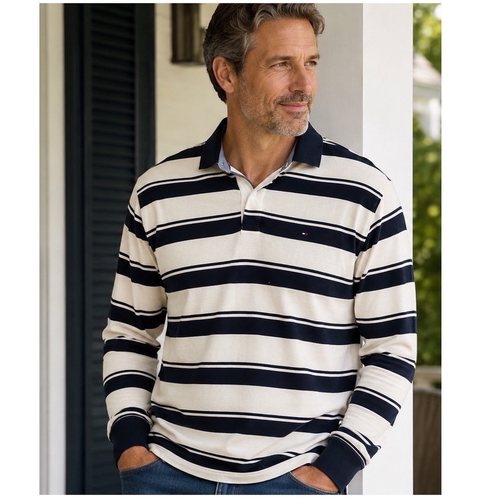 Tommy Hilfiger Mens XXL Long Sleeve Polo Shirt Navy Cream‎ Striped Rugby Pique
